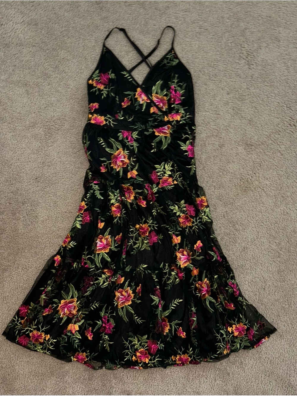 Floral Embroidered Black V-Neck Summer Dress